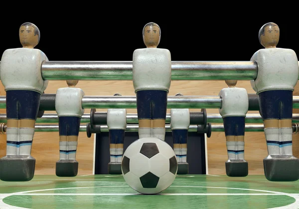 老式足球或桌上足球桌子的一边 有磨损的金属雕像 形状与英格兰国家队相似 3D渲染 — 图库照片