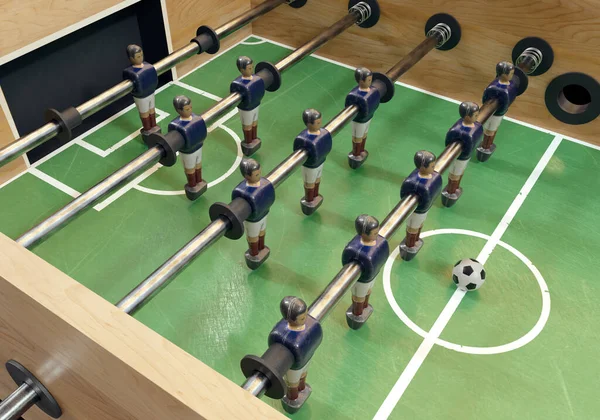 老式足球或桌上足球桌子的一侧 有磨损的金属塑像 形状与法国国家队相似 3D渲染 — 图库照片