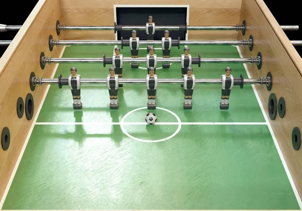 ドイツ代表に似たキットに身に着けているメタルフィギュアのヴィンテージサッカーテーブルまたはテーブルサッカーテーブルの片側 3Dレンダリング — ストック写真