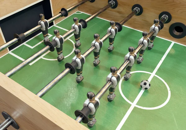 ドイツ代表に似たキットに身に着けているメタルフィギュアのヴィンテージサッカーテーブルまたはテーブルサッカーテーブルの片側 3Dレンダリング — ストック写真