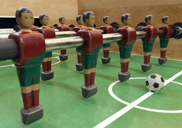 ポルトガル代表に似たキットに身に着けているメタルフィギュアのヴィンテージサッカーテーブルまたはテーブルサッカーテーブルの片側 3Dレンダリング — ストック写真