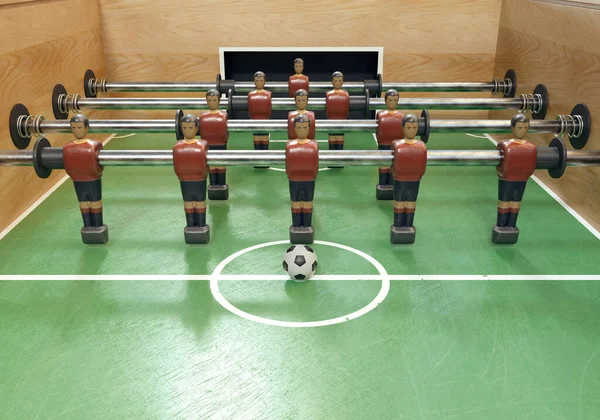 スペイン代表に似たキットに身に着けているメタルフィギュアのヴィンテージサッカーやテーブルサッカーテーブルの片側 3Dレンダリング — ストック写真