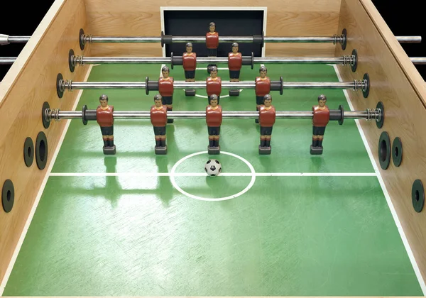 スペイン代表に似たキットに身に着けているメタルフィギュアのヴィンテージサッカーやテーブルサッカーテーブルの片側 3Dレンダリング — ストック写真