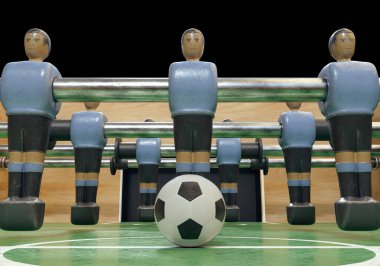 Uruguay milli takımını andıran giysili metal figürlerin olduğu klasik langırt ya da masa futbolu masasının bir tarafı - 3D