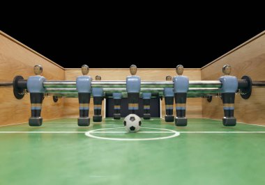 Uruguay milli takımını andıran giysili metal figürlerin olduğu klasik langırt ya da masa futbolu masasının bir tarafı - 3D