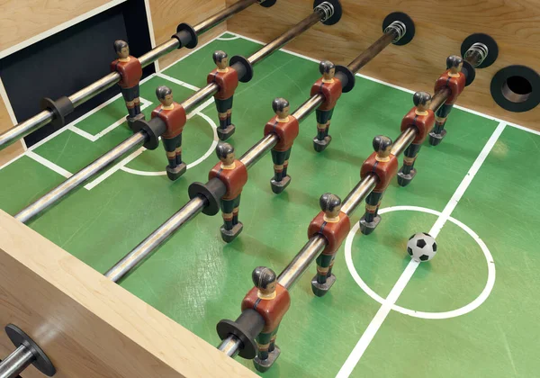 老式足球或桌上足球桌子的一边 有磨损的金属雕像 形状与西班牙国家队相似 3D渲染 — 图库照片