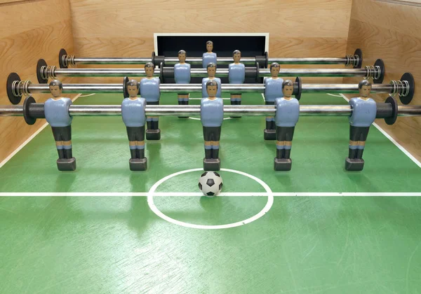 ウルグアイ代表に似たキットに身に着けているメタルフィギュアのヴィンテージサッカーテーブルまたはテーブルサッカーテーブルの片側 3Dレンダリング — ストック写真