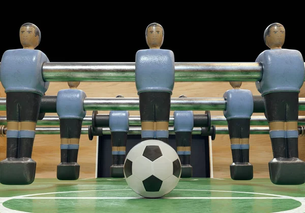 老式足球或桌上足球桌子的一边 有磨损的金属雕像 形状与乌拉圭国家队相似 3D渲染 — 图库照片