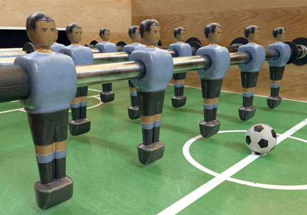 ウルグアイ代表に似たキットに身に着けているメタルフィギュアのヴィンテージサッカーテーブルまたはテーブルサッカーテーブルの片側 3Dレンダリング — ストック写真