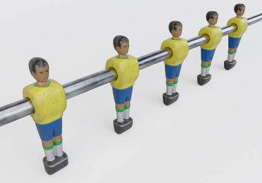 Brezilya milli takımını andıran eski bir langırt ya da masa futbolu masasından eskimiş biblolar.