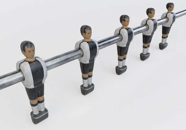 ドイツのナショナルチームに似たキットスタイルのヴィンテージサッカーやテーブルサッカーテーブルスタイルの着用フィギュアの一列 3Dレンダリング — ストック写真