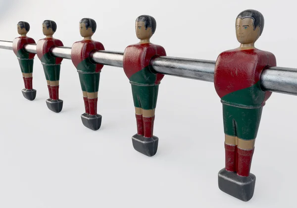 仿照葡萄牙国家足球队风格的老式足球桌球或桌球桌上的一组磨损的雕像 3D渲染 — 图库照片