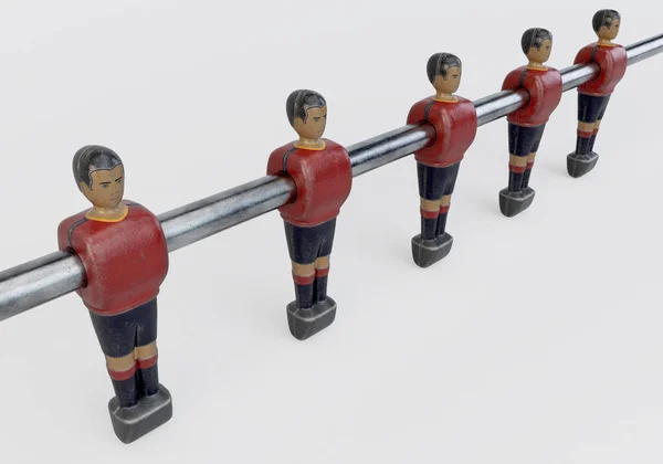 スペイン代表に似たキットスタイルのヴィンテージサッカーやテーブルサッカーテーブルスタイルの着用フィギュアの一列 3Dレンダリング — ストック写真