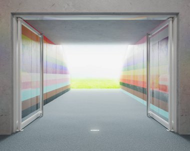 Duvarları LGBTG gurur topluluğunun renkleriyle boyanmış stadyumun spor koridoruna uzaktan bir bakış.