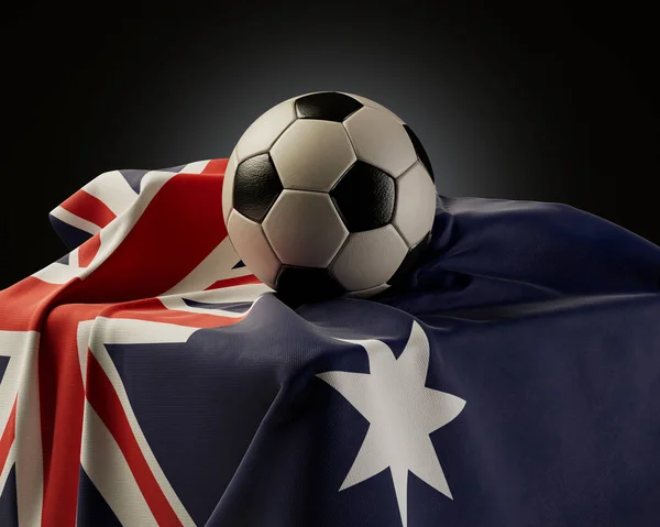 Regular Soccer Balls Resting Australia Flag Draped Plinth Isolated Studio — Stock Photo, Image