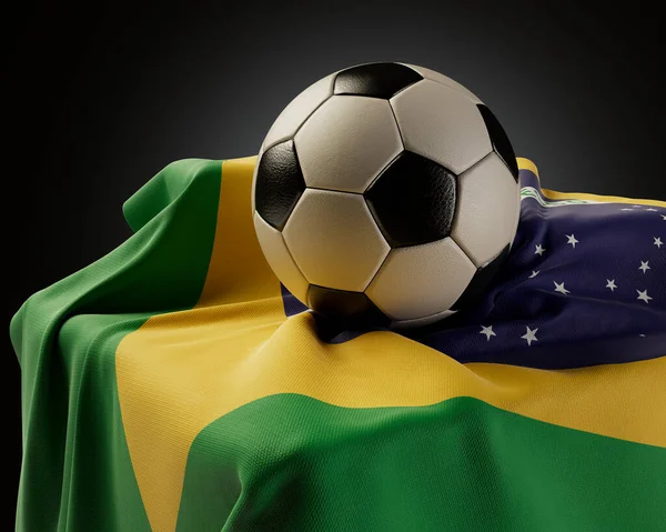 在一个孤立的工作室背景上 一个固定的足球球挂在一面挂着巴西国旗的柱头上 3D渲染 — 图库照片