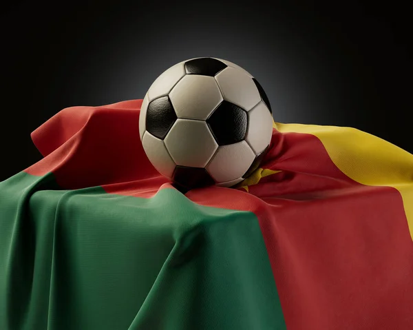 Regular Soccer Balls Resting Cameroon Flag Draped Plinth Isolated Studio — Stock Photo, Image