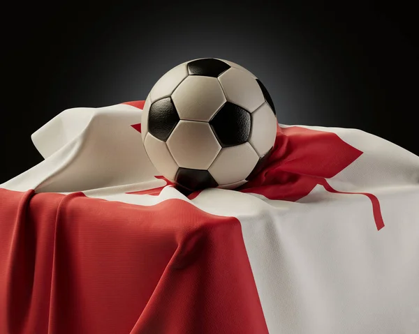 Regular Soccer Balls Resting Canada Flag Draped Plinth Isolated Studio — Stock Photo, Image