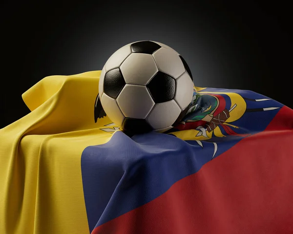 Regularne Piłki Piłkarskie Spoczywające Fladze Ekwadoru Zasłoniętej Nad Cokołem Odosobnionym — Zdjęcie stockowe