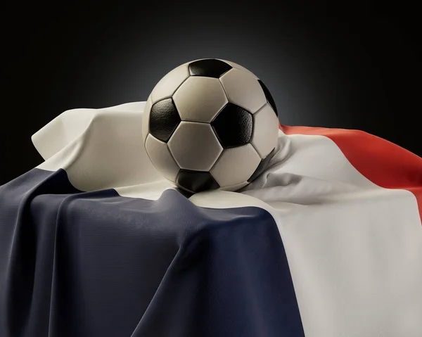 Regular Soccer Balls Resting France Flag Draped Plinth Isolated Studio — Stock Photo, Image
