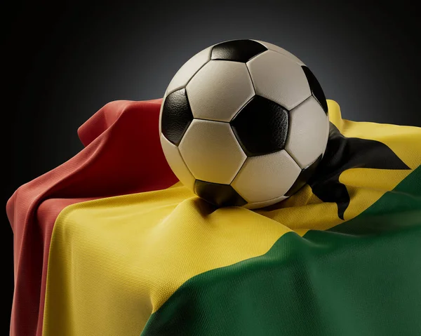 Ballon Football Régulier Reposant Sur Drapeau Ghana Drapé Sur Socle — Photo