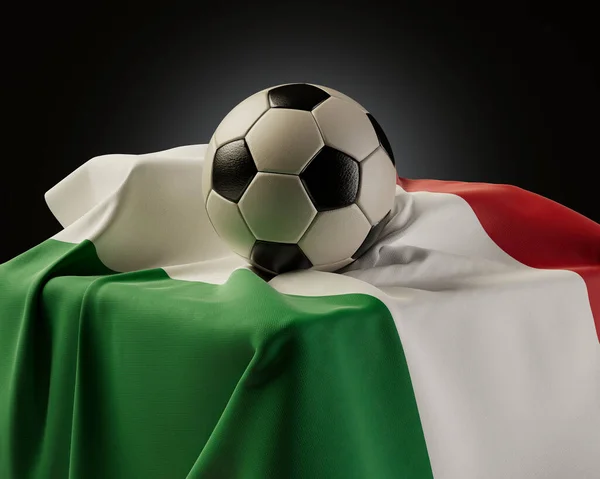Ballon Football Régulier Reposant Sur Drapeau Italien Drapé Sur Socle — Photo