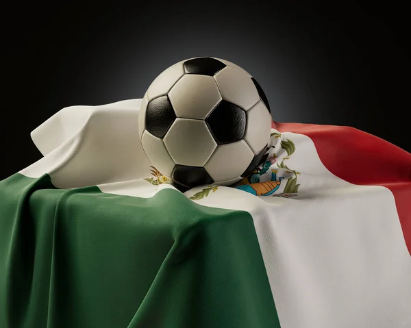 Ballon Football Régulier Reposant Sur Drapeau Mexicain Drapé Sur Socle — Photo