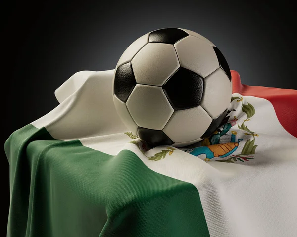 Regular Soccer Ball Resting Mexico Flag Draped Plinth Isolated Studio — Stock Photo, Image
