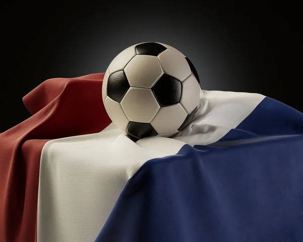 Regular Soccer Balls Resting Netherlands Flag Draped Plinth Isolated Studio — Stock Photo, Image