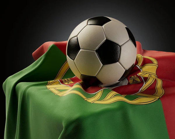 Regular Soccer Balls Resting Portugal Flag Draped Plinth Isolated Studio — Stock Photo, Image