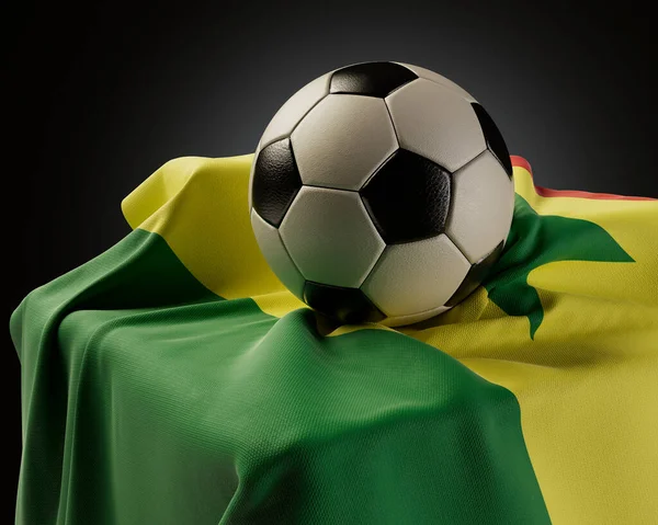 Ballon Foot Régulier Reposant Sur Drapeau Sénégalais Drapé Sur Socle — Photo