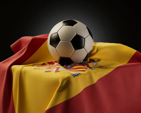 Regular Soccer Balls Resting Spain Flag Draped Plinth Isolated Studio — Stock Photo, Image