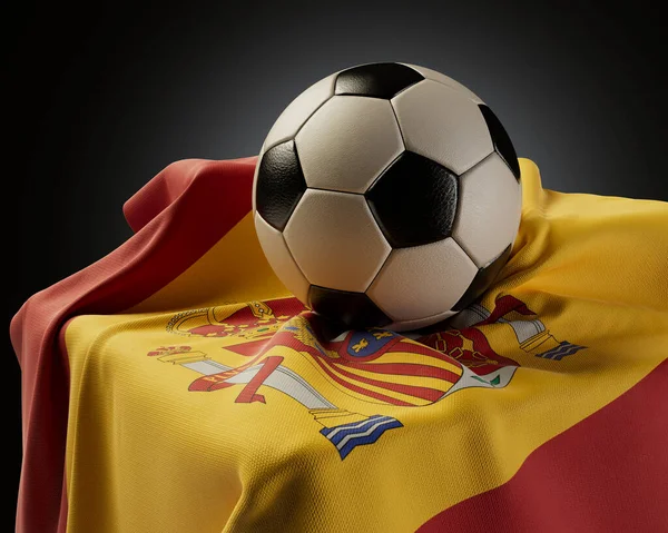 Regular Soccer Balls Resting Spain Flag Draped Plinth Isolated Studio — Stock Photo, Image