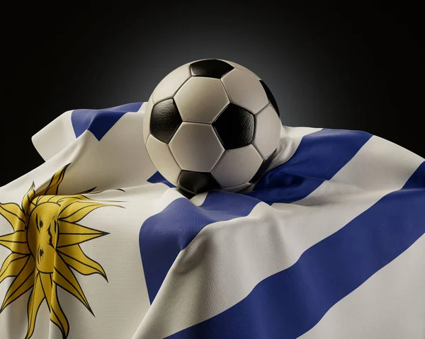 Ballon Football Régulier Reposant Sur Drapeau Uruguay Drapé Sur Socle — Photo
