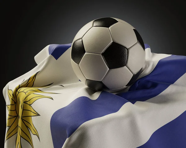 Ballon Football Régulier Reposant Sur Drapeau Uruguay Drapé Sur Socle — Photo