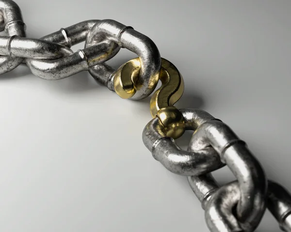 一种磨损的金属链子 带有黄金问号作为其在孤立背景上的链接之一 3D渲染 — 图库照片