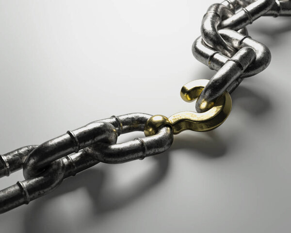 Изношенная металлическая цепь с золотым вопросительным знаком в качестве одного из звеньев на изолированном фоне - 3D рендеринг