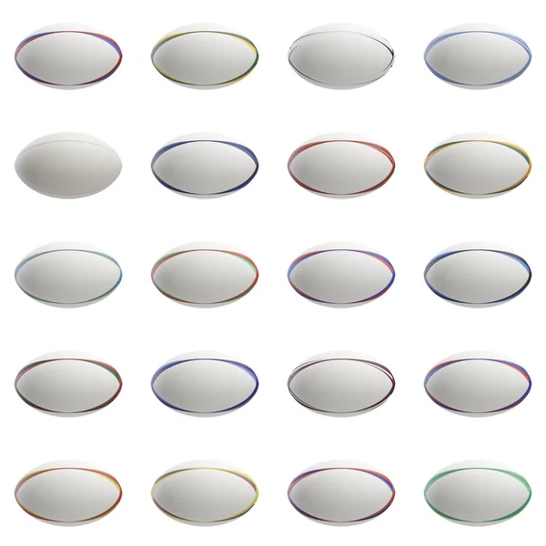 stock image A collection of white textured rugby balls with various color design elements on a isolated background - 3D render