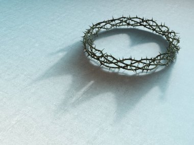 An ambiguity concept of branches of thorns woven into a crucifixion crown and casting a shadow of a real kings crown on isolated white background - 3D render clipart