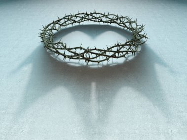 An ambiguity concept of branches of thorns woven into a crucifixion crown and casting a shadow of a real kings crown on isolated white background - 3D render clipart