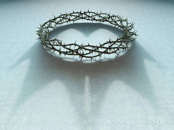十字架の冠に織り込まれたとげの枝のあいまいさの概念と 孤立した白い背景に本物の王の冠の影を投げかける 3Dレンダリング — ストック写真