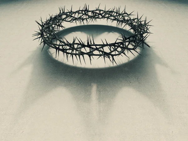 十字架の冠に織り込まれたとげの枝のあいまいさの概念と 孤立した白い背景に本物の王の冠の影を投げかける 3Dレンダリング — ストック写真