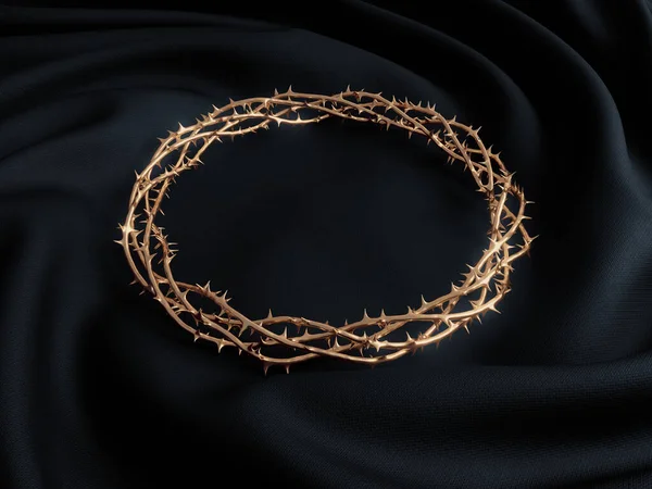 とげの十字架の冠に織り込まれたとげの枝の金の鋳造の周りにドレープと絡み合った生地 3Dレンダリング — ストック写真