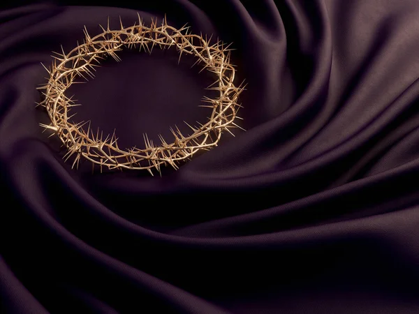 とげの十字架の冠に織り込まれたとげの枝の金の鋳造の周りにドレープと絡み合った生地 3Dレンダリング — ストック写真