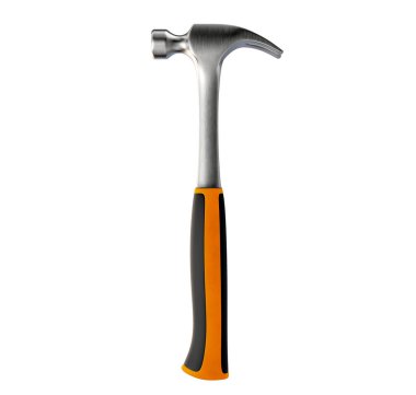 İzole edilmiş beyaz arka planda turuncu saplı normal bir metal pençeli çekiç.