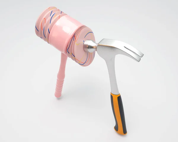 Concept Showing Plastic Childrens Squeaking Hammer Striking Opposing Real Hammer — Stock Photo, Image