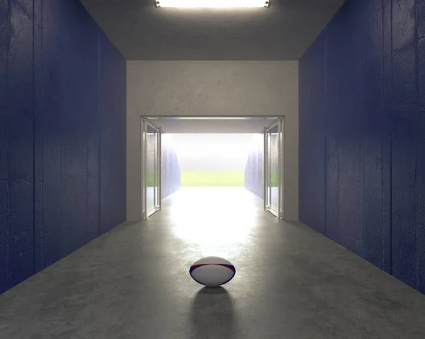 Регбійний Підлозі Спортивному Коридорі Стадіону Відкритими Скляними Дверима Освітлену Арену — стокове фото