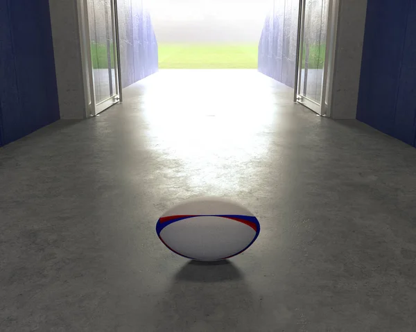 A rugby ball on the floor in a stadium sports corridor with open glass doors to a lit arena in the distance - 3D render