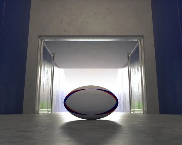 A rugby ball on the floor in a stadium sports corridor with open glass doors to a lit arena in the distance - 3D render