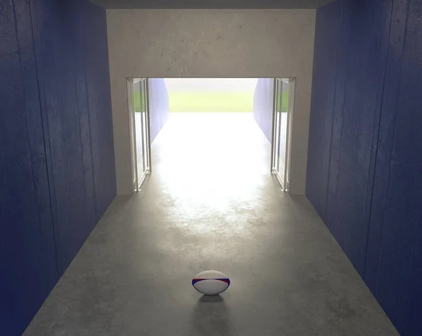 スタジアムスポーツ回廊の床にはラグビーボールがあり 遠くにはガラスの扉が開いています — ストック写真
